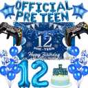 12th Birthday Decorations Boy Balloons - 42 Pcs Blue Banner Balloon Backdrop Cloth Number 12 Cake Topper Game Controllers Star Foil Baloons For 12 Year Old Boys Birthday Party Official Pre Teen