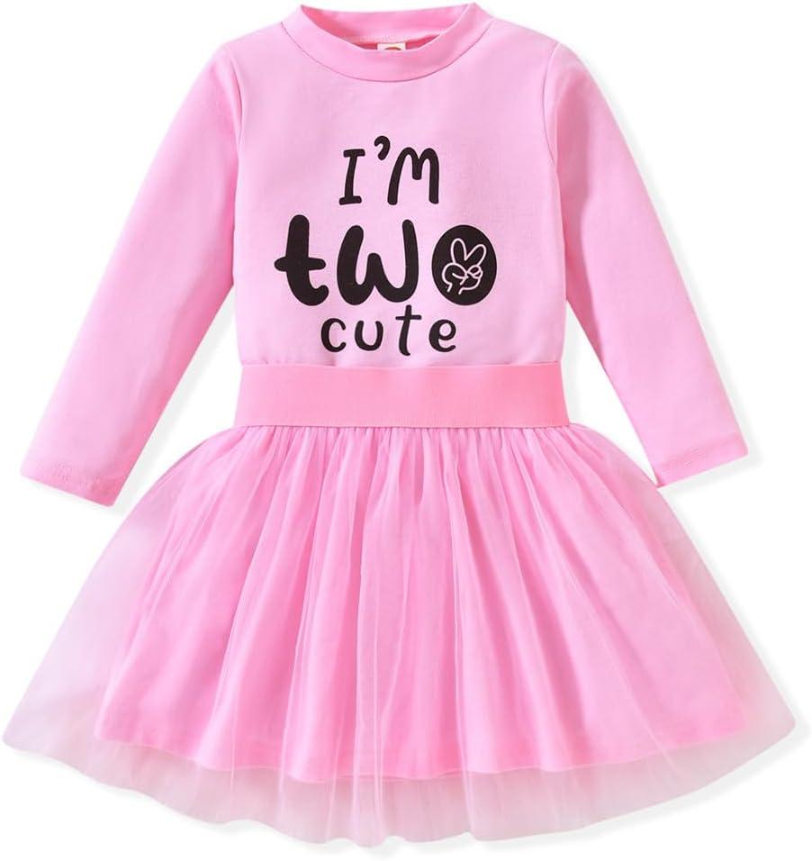 Toddler Girl 2nd Birthday Outfits,Im Two Cute Shirt+Tutu Skirt,Girl 2 Years Old Birthday Clothes, Pink 