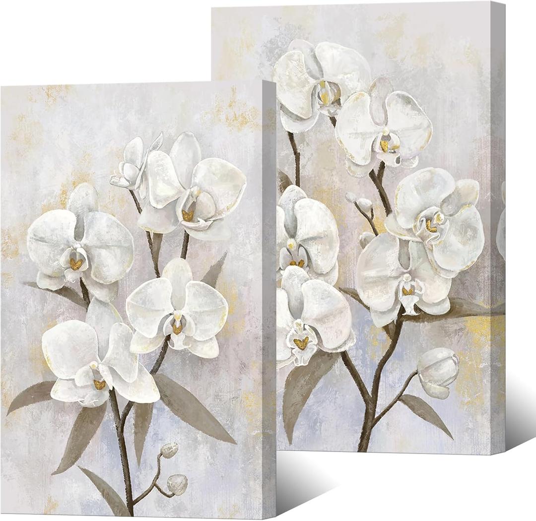 DuoBaorom 2 Pieces White Orchid Wall Art Zen Floral Picture for Spa Yoga Room 16"x24"