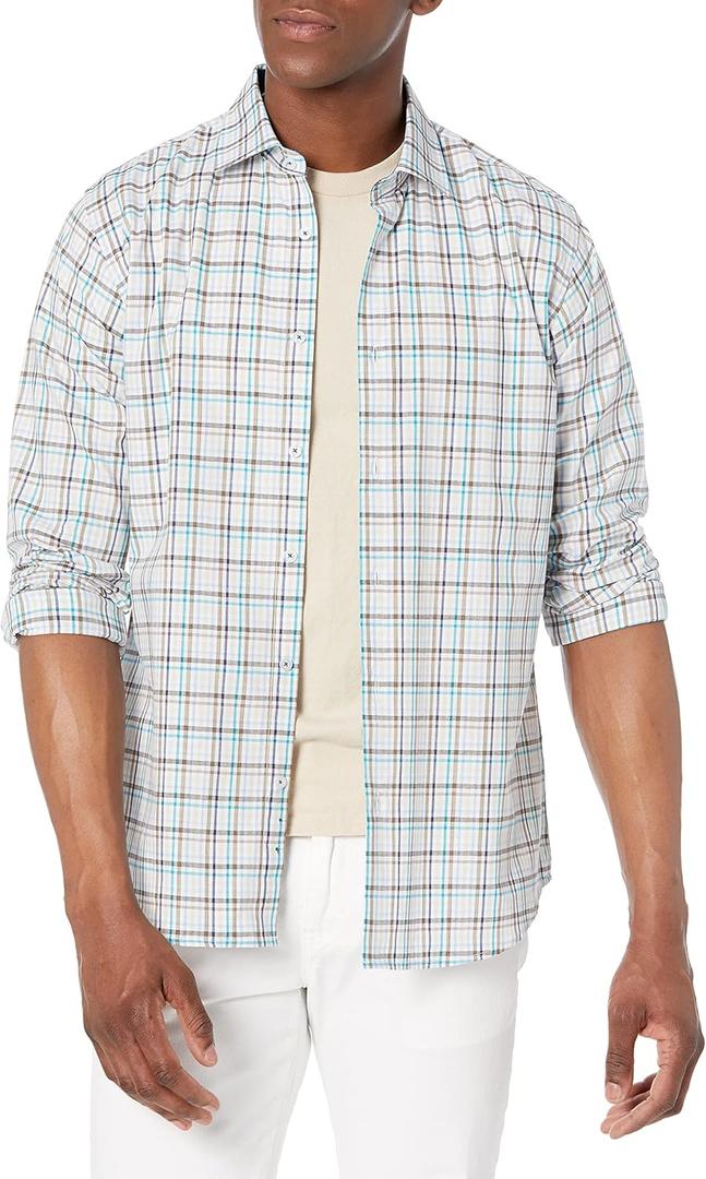 Men's Long Sleeve Multi Plaid Button Down Shirt (Navy/Green)