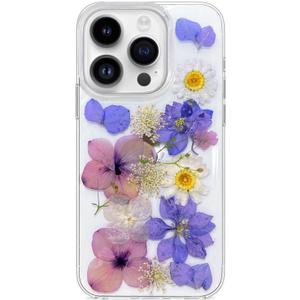 Abbery for iPhone 15 Pro Case Clear with Purple Pressed Flower Design Cute Soft TPU Real Dried Floral Daisy Aesthetic Protective Shockproof Women Girl's Phone Cover for iPhone 15pro(Purple Flower)
