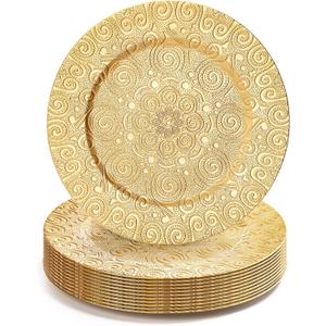SOUJOY 12 Pack Gold Charger Plates, 13 Inch Plastic Dinner Plate, Reusable Round Phoenix Pattern Elegant Serve Ware Plates for Weddings, Parties, Anniversary, Thanksgiving, Large