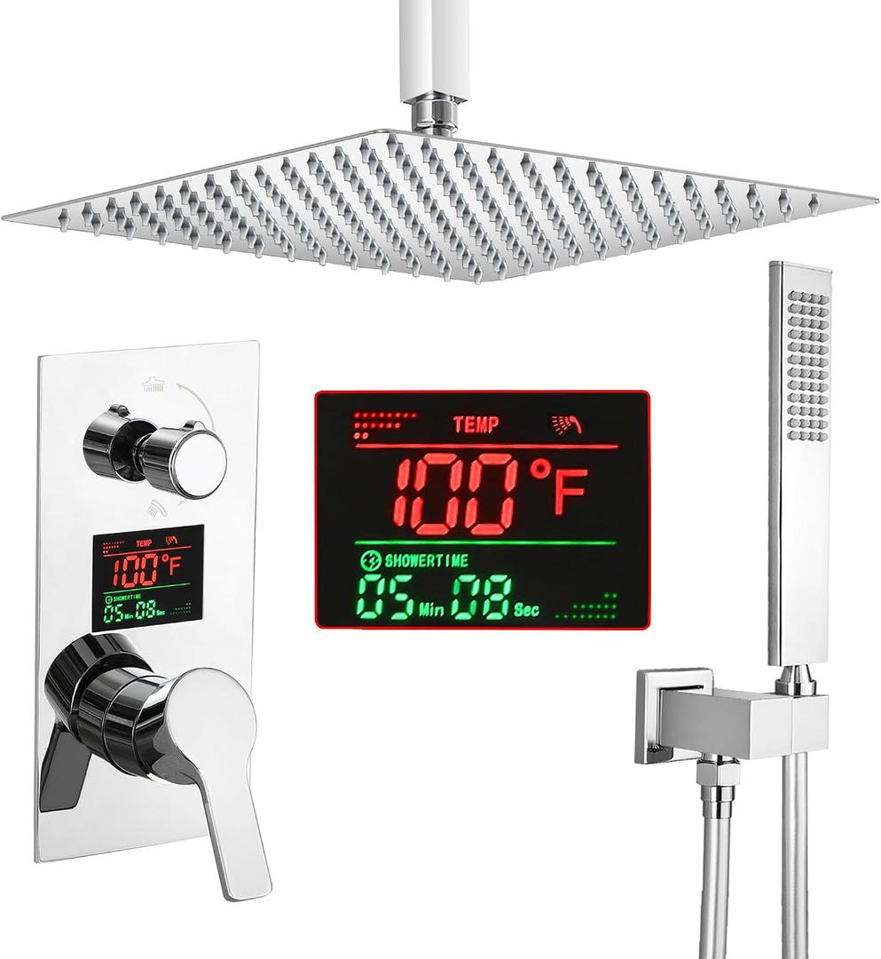 SKWOLL Shower Faucets Sets Complete Polished Chrome, 12 Inch Rainfall Shower Head with Handheld, 2 Function Ceiling Mount Shower Head System with Digital Display Shower Valve Kit