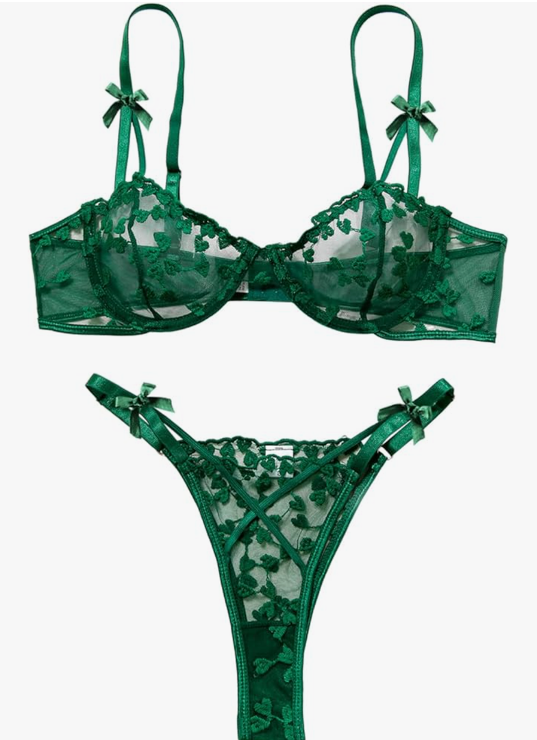 Lilosy Sexy Underwire Cute Push Up Strappy Embroidered Mesh Sheer Lingerie Set See Through Panty Bra, XL