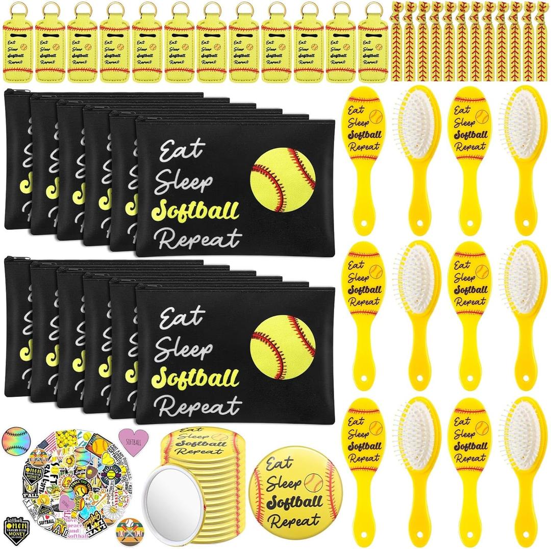Tioncy 110 Pcs Softball Party Favors Set Softball Gifts for Team Sports Accessories Include Cosmetic Bag Lipstick Holder Keychain Compact Mirror Hairbrush Scrunchie Sticker Team Party Favors