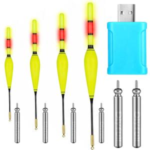 4 Pcs Lighted Slip Bobbers Light up Fishing Floats Miexed 4 Weights Glow in The Dark Spring Bobber with Green Light Tail with Battery Charger Set for Night Fishing Crappie Walleyes