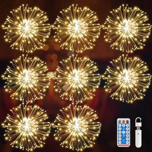 Firework Lights USB Hanging Sphere Lights 8 Pack, Copper Wire Fireworks Light for Christmas, Rechargeable LED Star String Lights Fairy Lights with Remote for Wedding Party Garden Decoration