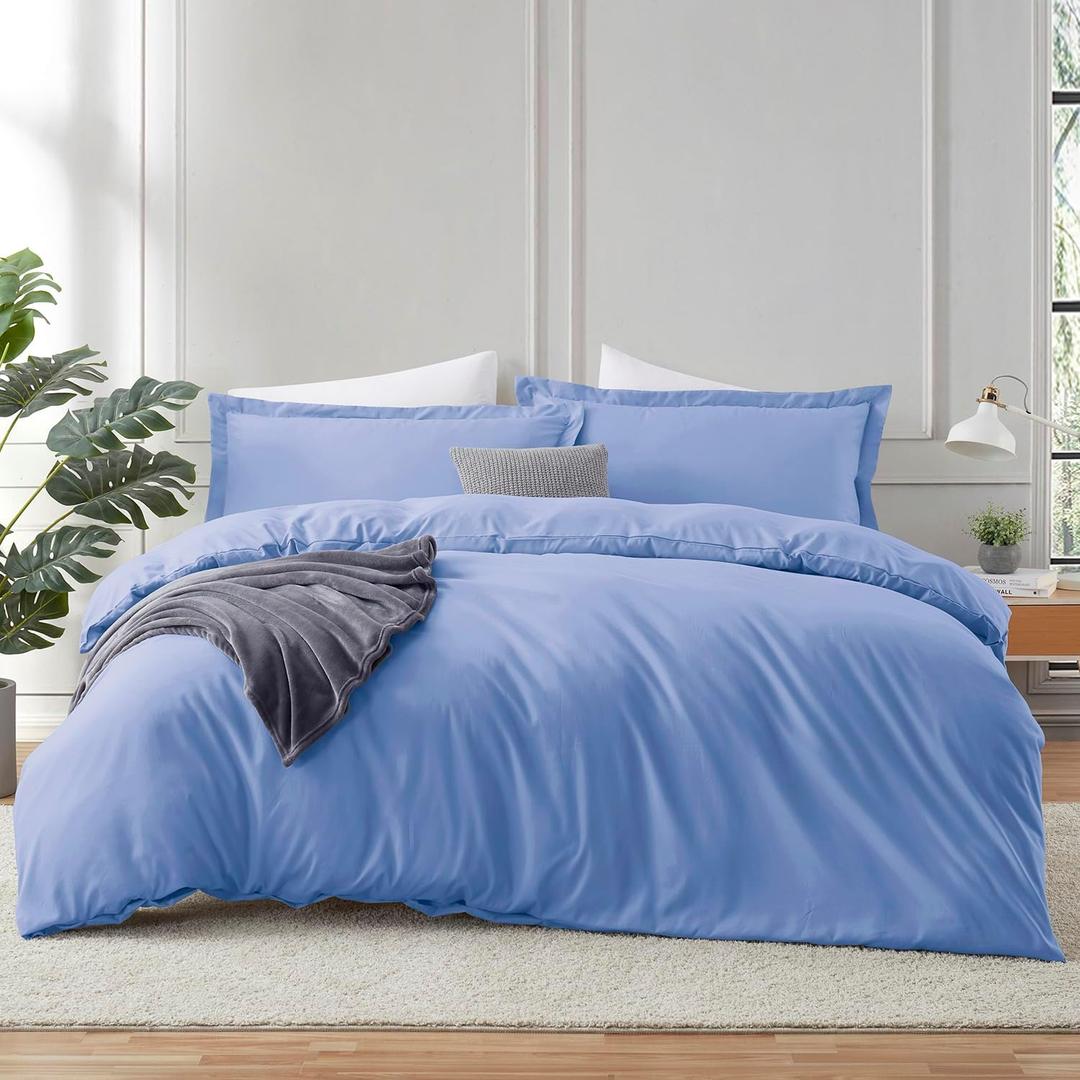 Hearth & Harbor Calm Blue Duvet Cover Queen Size - 3 Piece Queen Duvet Cover Set, Soft Double Brushed Queen Size Duvet Covers with Button Closure, 1 Duvet Cover 90x90 inches and 2 Pillow Shams