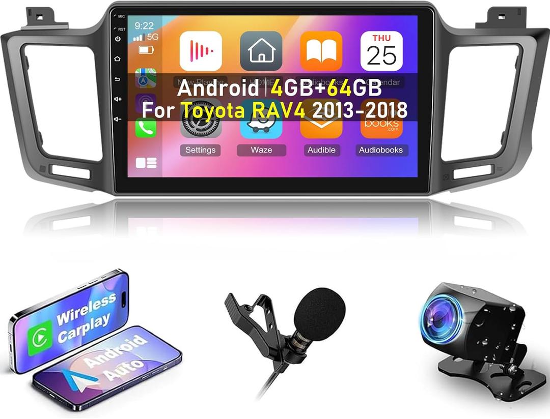 8 Core 4+64G Car Stereo for Toyota RAV4 2013-2018 with Wireless Carplay and Android Auto - 10.1 Inch 1280 * 720 IPS Touchscreen Android Car Radio - DSP/WiFi/GPS Navi/SWC + AHD Backup Camera
