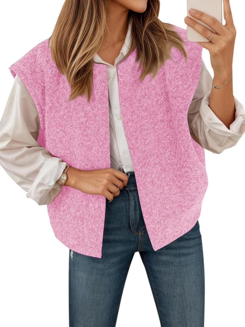 Yousify Womens Fuzzy Vest Cap Sleeve Crew Neck Knit Sweater Fall Casual Open Front Vest Outerwear (X-Large, Pink)