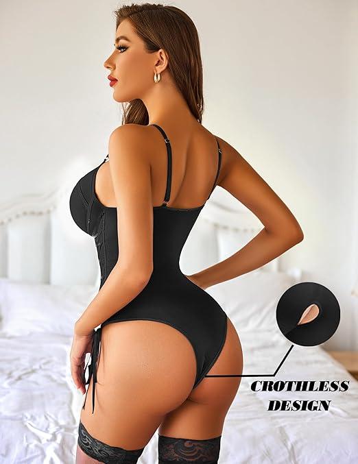 Avidlove Lingerie for Women Sexy Corset Garter Lingerie Set Tummy Control Teddy Bodysuit Boudoir Outfit (Medium, Black)