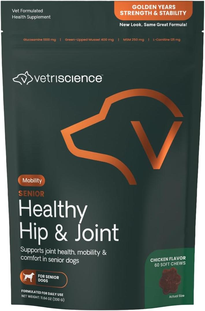 VetriScience Senior Healthy Hip & Joint Soft Chews, GlycoFlex Glucosamine, Green-Lipped Mussel, and Carnitine Joint Supplement for Dogs, Chicken, 120 Count