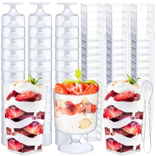 CHENGU Mini Dessert Cups with Spoons 3 oz Small Plastic Dessert Cups Parfait Appetizer Cup Disposable Clear Plastic Cup for Tasting Sample Appetizers (100 Set,Square+Goblet)