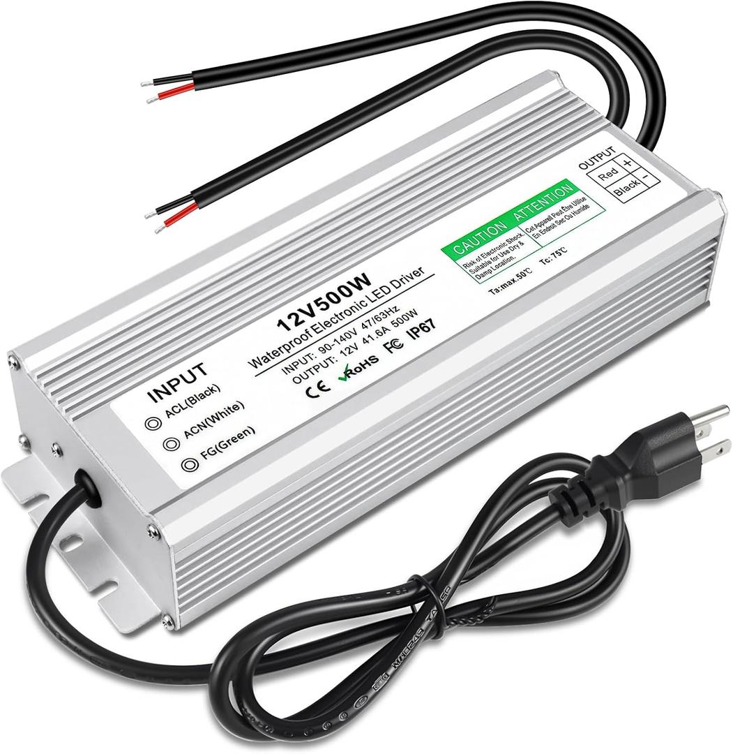 LED Driver 500 Watts 12V DC Low Voltage Transformer, Waterproof IP67 LED Power Supply, Adapter with 3-Prong Plug 3.3 Feet Cable for Any 12V DC led Lights, Computer Project, Outdoor Light