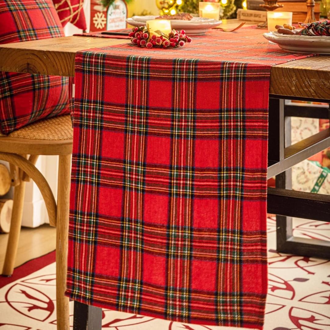 Red Green Plaid Christmas Table Runner, Winter Holiday Table Runners 108 inches Long, Xmas Decorations Indoor Outdoor Farmhouse Home Kitchen Dining Party Decor