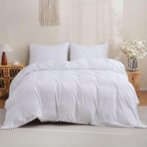 Boho Duvet Cover Queen, Tufted 3-Piece White Pom Pom Fringe Bedding Set with Zipper, Boho Bedding Queen, Includes 1 (90"x90") Duvet Cover and 2 Pillowcases
