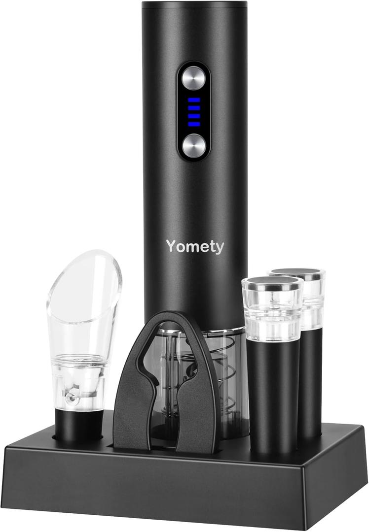 Electric Opener Set With Base, Accessories Including Rechargeable Corkscrew, Aerator, Stoppers and Foil Cutter - Perfect Gifts for Wine Lovers (Black)