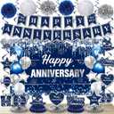 Happy Anniversary Decorations Kit Blue Silver Happy Anniversary Banner Honeycomb Centerpieces Hanging Swirls Tissue Paper Pompoms Set for Men Women Couple Wedding Anniversary Party Supplies Decor