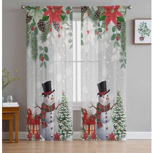 ZOE GARDEN Christmas Snowman,2 PCS Semi-Sheer Curtains 96 Inches Long,Grey Winter Xmas Tree Snowflake Red Poinsettia Rod Pocket Voile Panels,Window Drape Chiffon Fabric for Living Room Bedroom,104x96