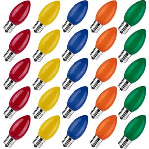 Brightown C9 LED Replacement Christmas Bulbs, 25 Pack Multicolor Shatterproof C9 Bulbs, Waterproof Commercial LED Holiday Bulb for Christmas String Light, E17 Intermediate Base, Dimmable