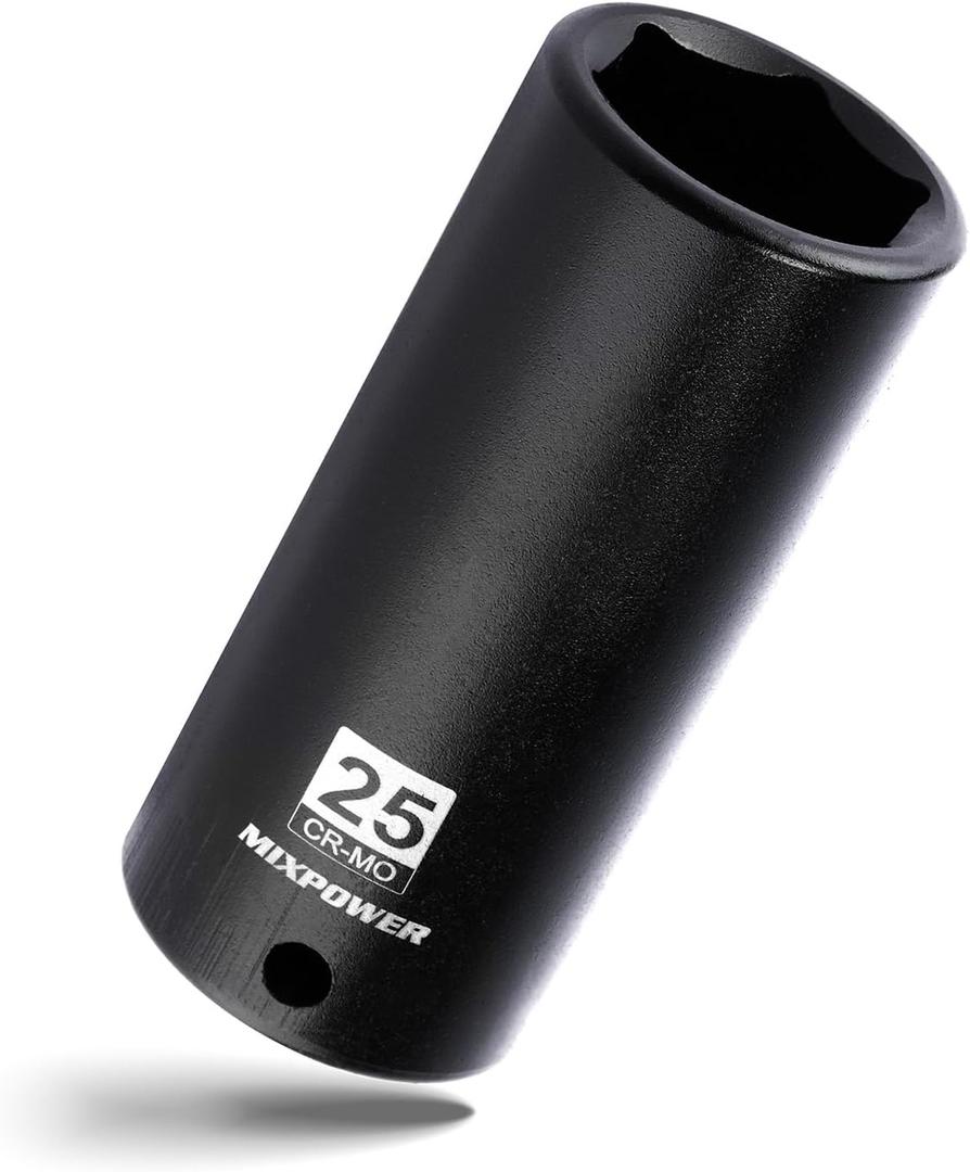 MIXPOWER 1/2" Drive Deep Impact Socket,CR-MO,25mm,6 Point, Radius Corner Design, Axle Nut Impact Grade Socket for Easy Removal