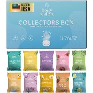 Body Restore Shower Steamers Aromatherapy 30 Pack - Christmas Stocking Stuffers for Men, Birthday Gifts for Women, White Elephant, Relaxation, Self Care - Collectors Box