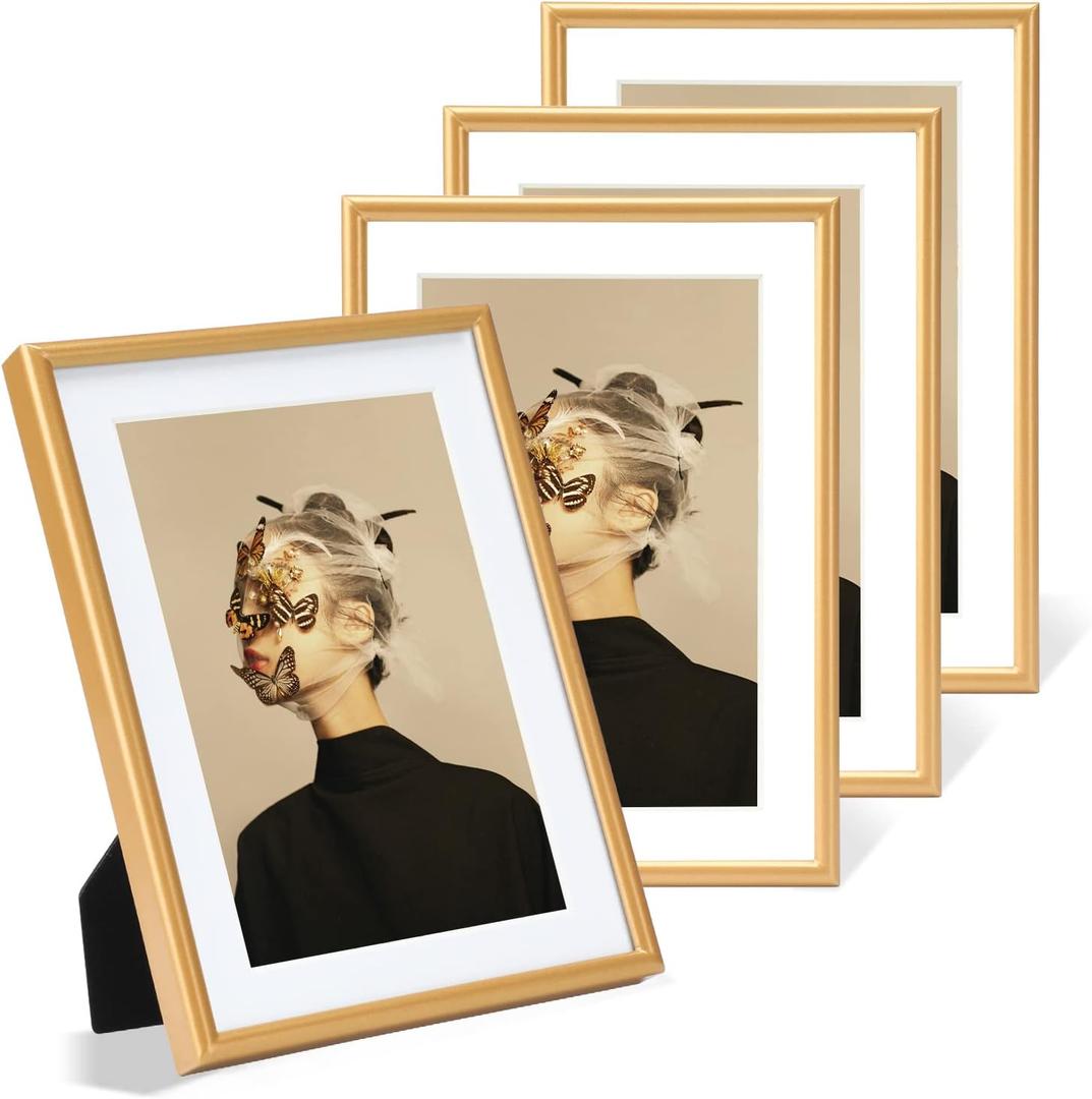5x7 Picture Frame Set of 4, Matted Gold Simple Modern Thin Aluminum Metal Photo Frame Fits 3x5 and 4x6 with Mat or 5x7 without Mat Photo. Display for Tabletop or Wall Collage. (Horizontal &