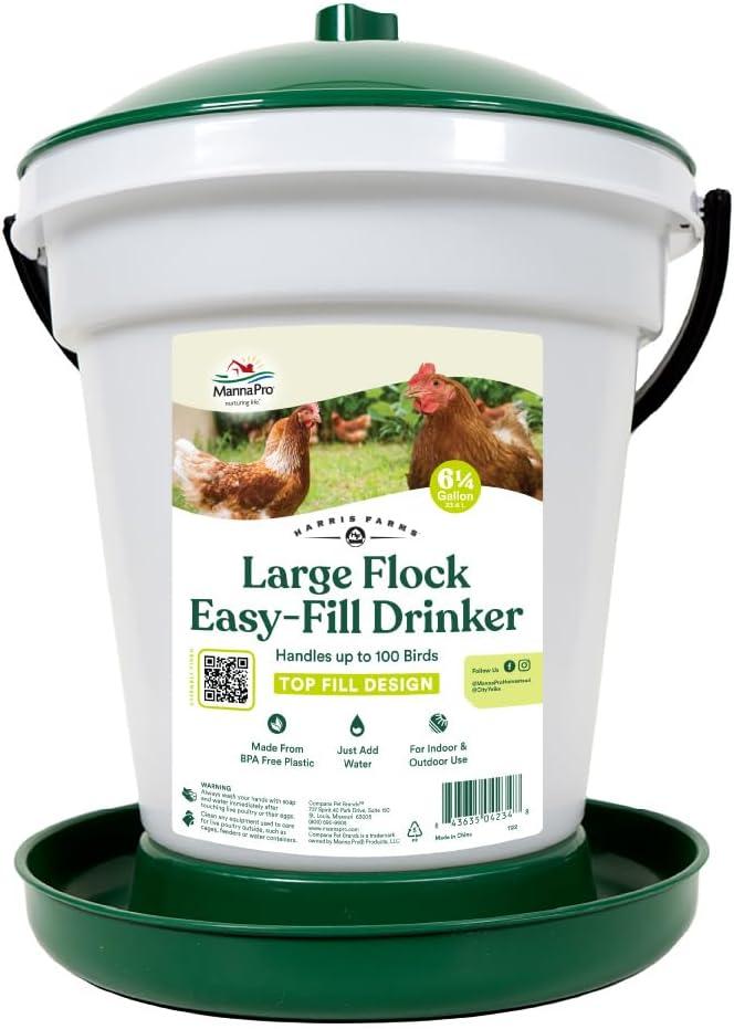 Harris Farms Large Flock Easy-Fill Poultry Drinker, Made with BPA-Free Plastic, Top Fill Design, 6.25 Gallon