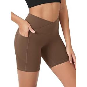 ODODOS Women's Crosover Yoga Shorts with Pockets, 6" Buttery Soft V High Waist Lounge Biker Shorts, Brunette, X-Large