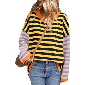 Saodimallsu Womens Striped Oversized Sweaters Color Block Crew Neck Long Sleeve Loose Knit Pullover Sweater, S