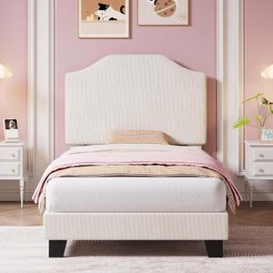 Twin Size Velvet Bed Frame, Corduroy Upholstered Twin Bed Frames Platform with Adjustable Headboard, Cute Velvet Twin Bed, Strong Wooden Slats, No Box Spring Needed, Noise Free, Easy Assembly, Beige