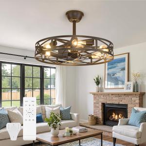 Depuley Caged Ceiling Fans with Light: 24-Inch Black Metal Enclosed Farmhouse Fandelier for Kitchen Bedroom - Industrial Semi Flush Mount Ceiling Fan with Remote 6 Speeds Reversible Motor Timer, 24 inch-Downrod Mount