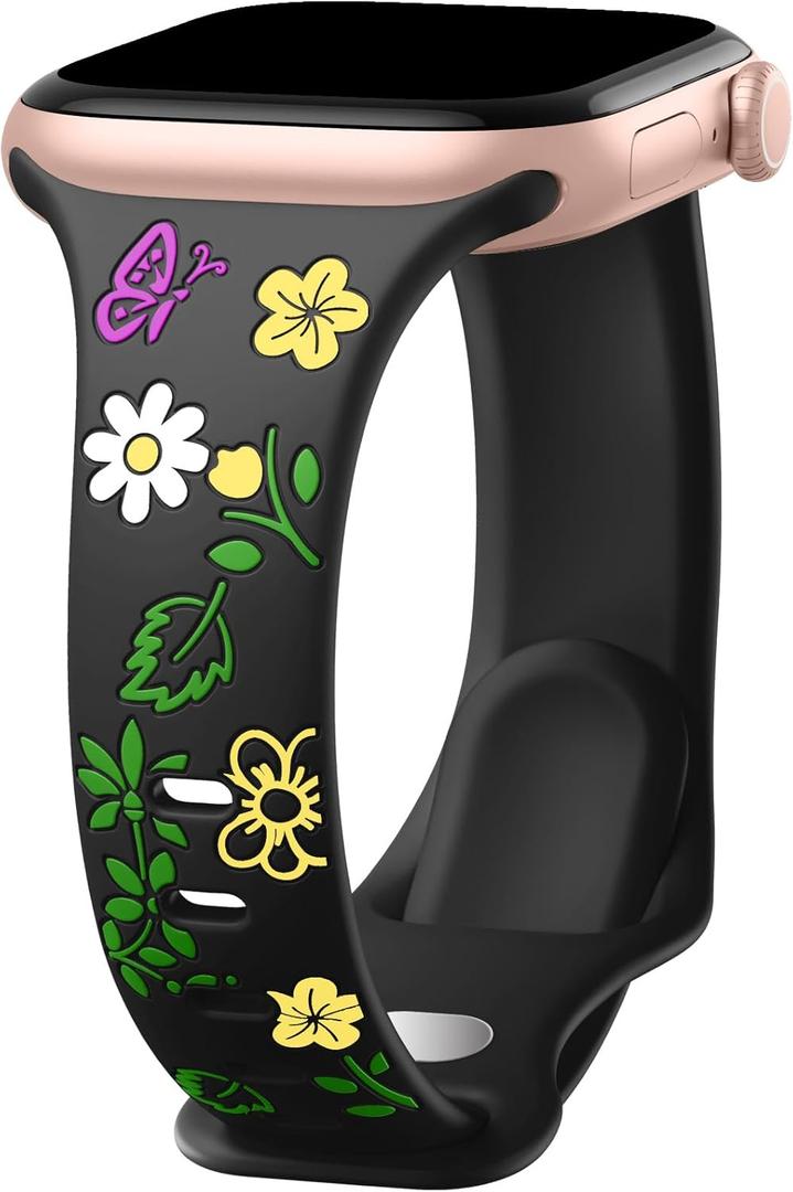 Floral Engraved Slim Band Compatible with Apple Watch Bands for Women 40mm 41mm 38mm 42mm 44mm 45mm 46mm, Thin Soft Silicone Inlay Sport Strap for iWatch Series 10 9 SE 8 7 6 5 4 3 2 1 Ultra (Slim Black/Yellow Flower)