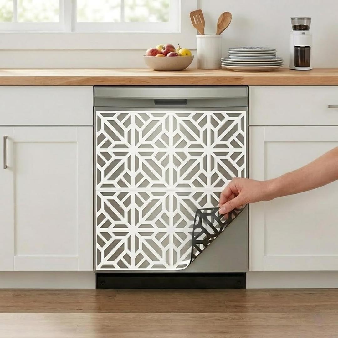 Magnetic Dishwasher Cover 23 x 26 Inch (2-Pack Panels), Matte White Geometric Lattice Design, Flexible Magnetic Vinyl, Scratch Cover, Removable No Tools Kitchen Decor Panel