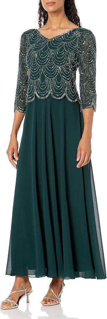 J Kara Women's Sweetheart Neck Floral Pattern 3/4 Sleeve Mock 2 Piece Long Dress (8, Hunter Multi)