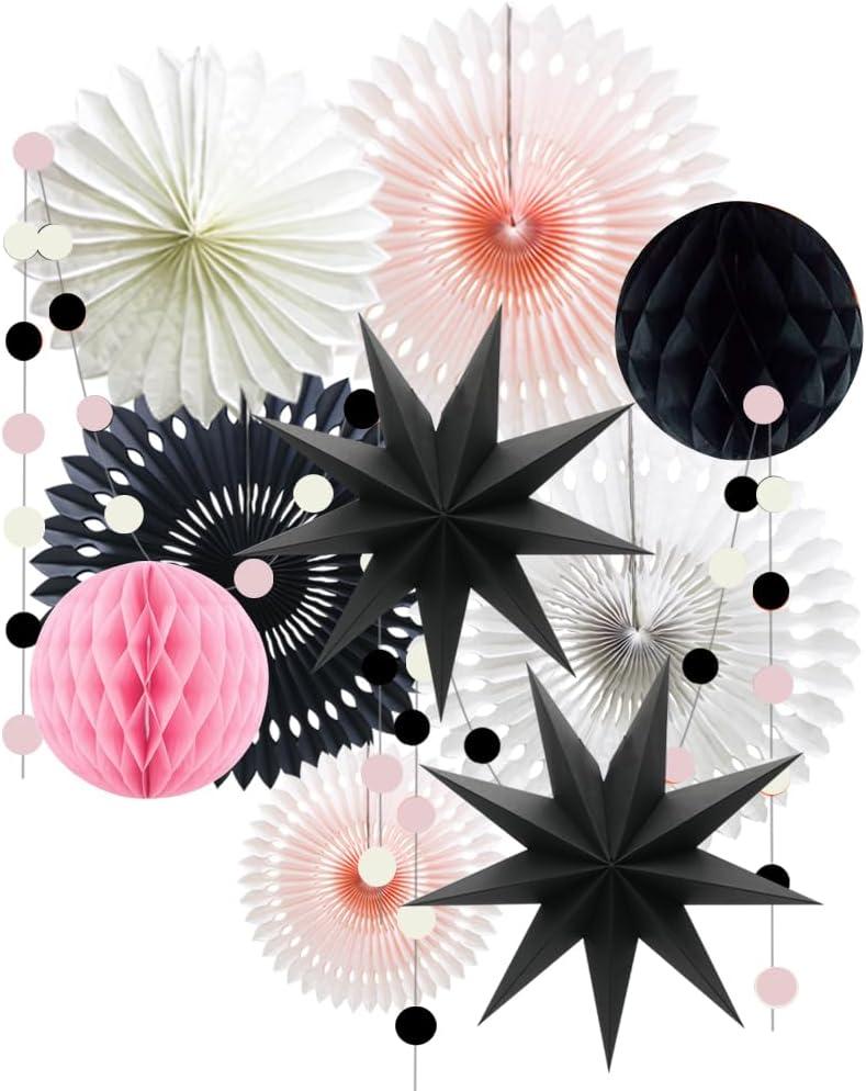 Pink Black White Party Decorations for Girls Women Minnie Mouse First Birthday Decoration Wedding Bridal Baby Shower Hanging Tissue Paper Fans Circle Garland Paper Lanterns