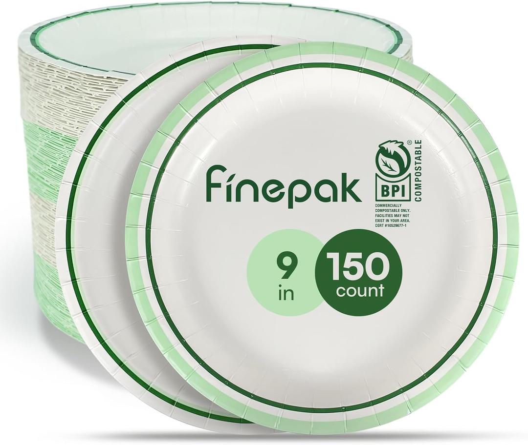 Disposable Plates 9 Inch, 150PCS Paper Plates Bulk with Green Rims, Heavy Duty Paper Plates for Graduation/Retirement Party, Picnic, BBQ, Microwave, Breakfast, Lunch & Dinner