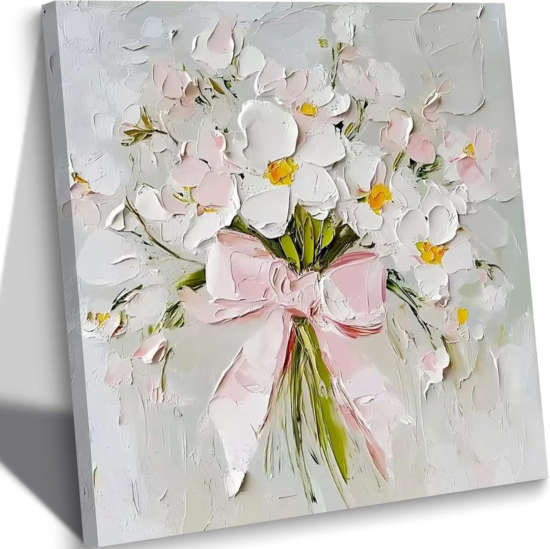 Bow Floral Canvas Wall Art Farmhouse Aesthetic Flower Poster Print Pink and White Coquette Picture Abstract Eclectic Bouquet Painting Preppy Artwork Wall Decor for Living Room Bedroom 16x16in Framed
