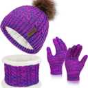 Senker Fashion Winter Kids Hat and Gloves Set for Boys Girls Toddler Pompom Knit Thick Warm Fleece Lined Cold weather (Pink Purple)