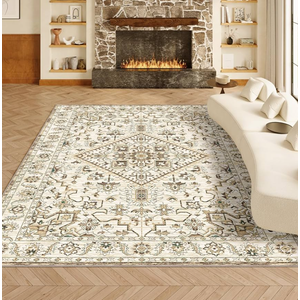 VK VK·LIVING 5x7 Area Rug Washable Rugs for Living Room Rug Vintage Design Boho Rug with Non Slip Living Room Rug Bedroom Carpet Stain Resistant, Home Decor, Beige