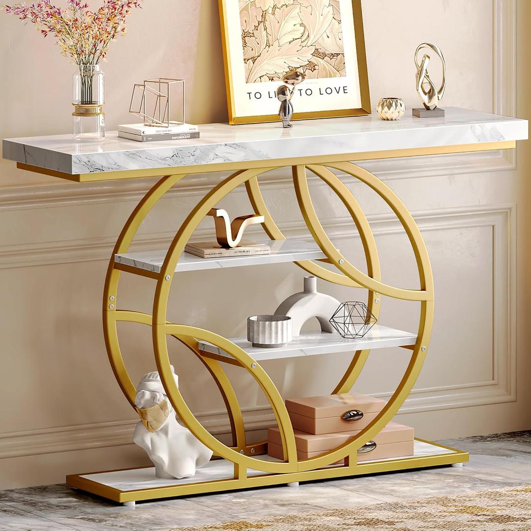 Huuger 47.2 Inch Entryway Table with Marble Top, Modern Console Sofa Table, Accent Table with Shelves, for Entry, Hallway, Entrance, Foyer, O-Shaped Metal Frame, White Marble & Gold, 11.8"D x 47.2"W x 33.5"H