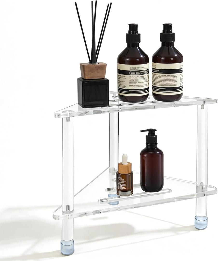 Acrylic Corner Shower Stool for Shaving Legs 14.3''H Clear Waterproof Foot Rest with Storage Shelf Triangle Shower Bench for Small Inside Spaces