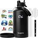 Swigina 1 Gallon Insulated Water Bottle with Silicone Boot (48hrs Cold/24hrs Hot) - DIY Stickers, Leakproof, BPA Free, 128 oz [2-IN-1 LID] (Black)