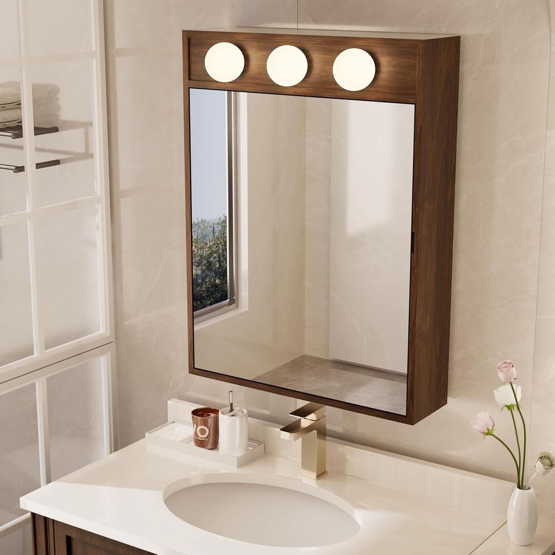 Réflexon 28x20 LED Lighted Bathroom Medicine Mirror Cabinet with Sockets & USBs, Dimmable Light and Color Adjustment, LED Bulbs, Easy to Install, Walnut