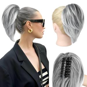 Ponytail Extension - 10" Short Claw Clip in Ponytail Hair Extensions Messy Bun Hair Piece Natural Soft Synthetic Straight Pony Tail Hairpieces for Women - Dark Grey with Light Gray End