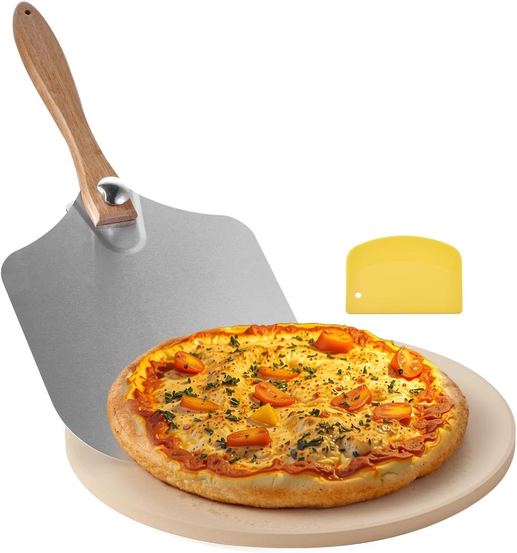 VEVOR Pizza Stone, 15 in Round Pizza Stone, 0.67 in Large Cordierite Baking-Stone with Metal Peel, Scrape, 1450℉ Heat-Resistant Cooking Stones, for Kitchen Oven, Baking Pizzas, BBQ Grill
