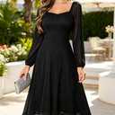Bbonlinedress Women Formal Wedding Guest Dress Square Neck Lace Bridesmaid Long Sleeve A-Line Midi Cocktail Dress (S)