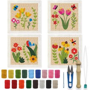 BEUNITONE 4 Sets DIY Punch Needle Kits for Beginners, Floral Flower Pre-Printed Pattern, Embroidery Punch Needle Starter Kits for Adults, Includes Pre-Printed Cloth, Yarns, Hoops, Threader and Instructions