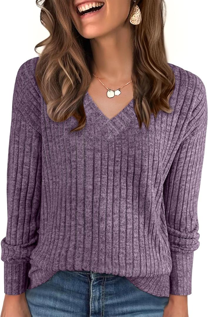 ANRABESS Long Sleeve Shirts for Women V Neck Casual Fall Tops Loose Fit Lightweight Sweaters Tunic Fashion 2025 Clothes (Medium, Purple)