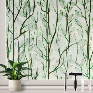 Donox Frosted Glass Window Film Heat Control UV Blocking, Static Cling Reusable Home Bathroom Door Window Privacy Film, Green Leaf Pattern Window Covering with Installation Tool, 35.4 in x 6.5 feet